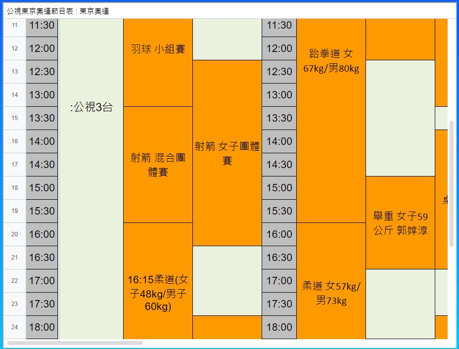 奧運轉播節目表